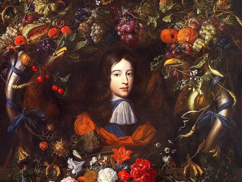 1630-Jan Vermeer van Utrecht - Ghirlanda di fiori e frutta con il ritratto di Guglielmo III d'Orange